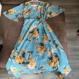 Floral Wrap Dress in Blue and Yellow